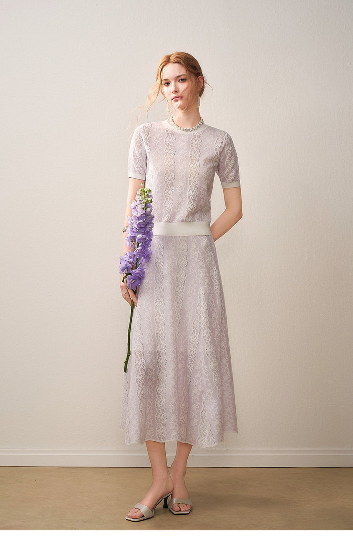 Lilac Violet Crew Neck Knit A-line Midi Dress