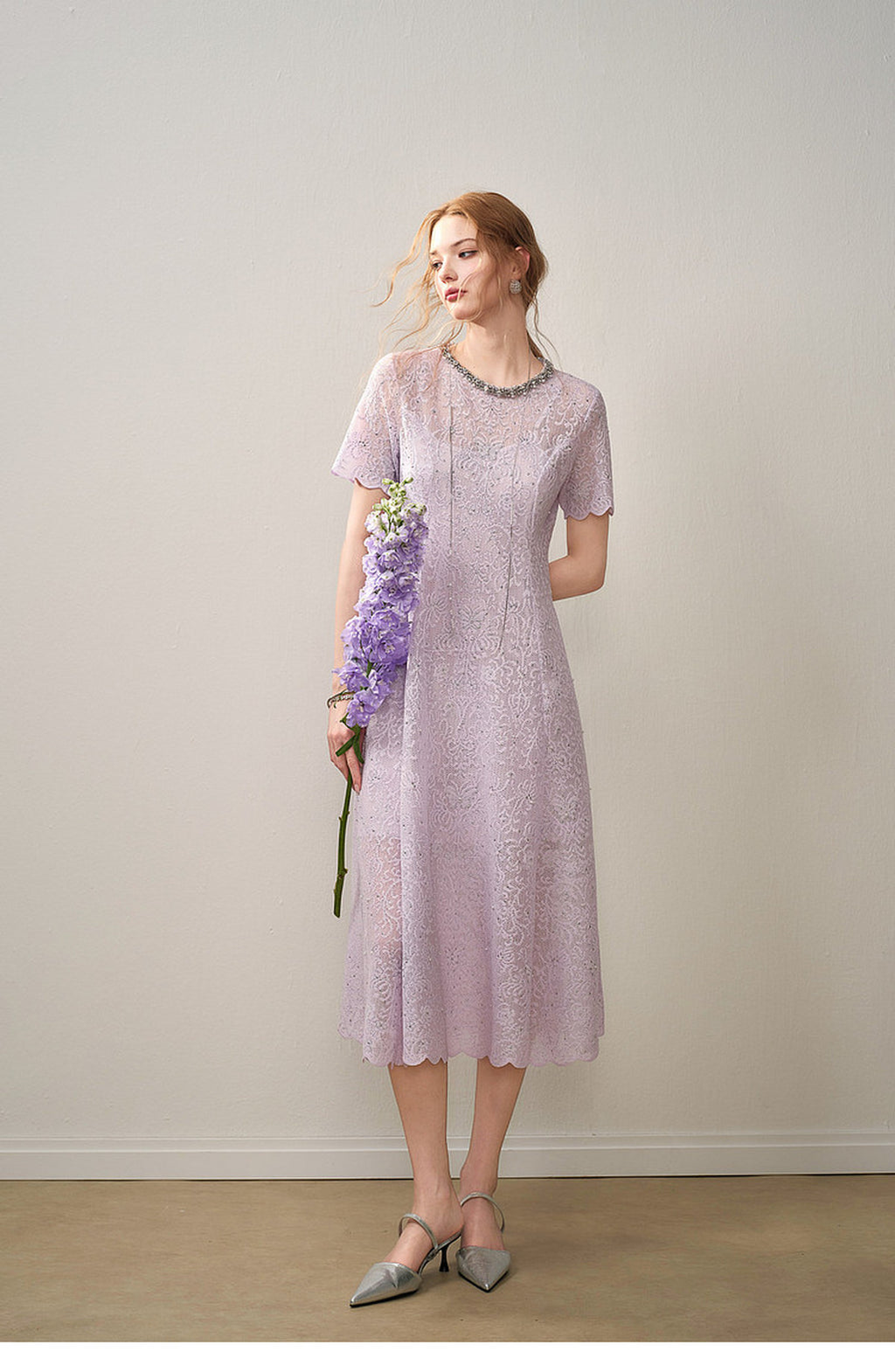 Lilac Beaded Collar Sparkly Lace Midi Dress