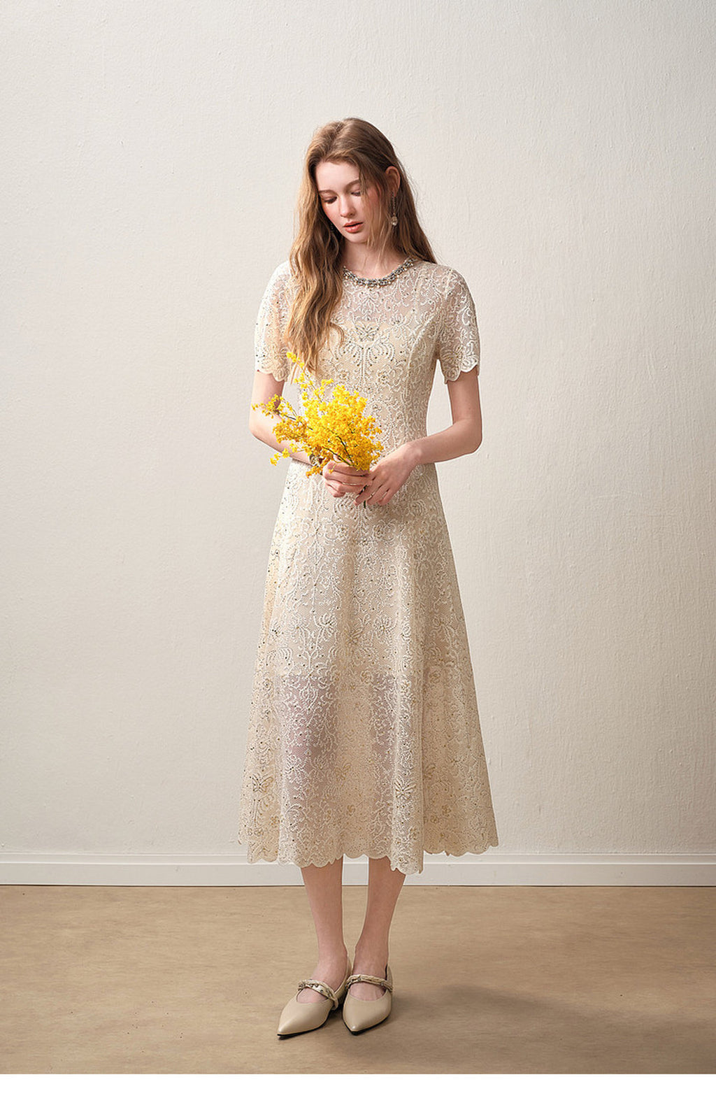 Cream White Beaded-neck Lace Knit Mermaid Midi Dress