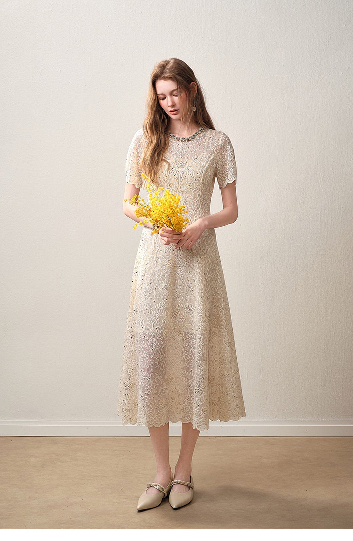 Cream White Beaded-neck Lace Knit Mermaid Midi Dress
