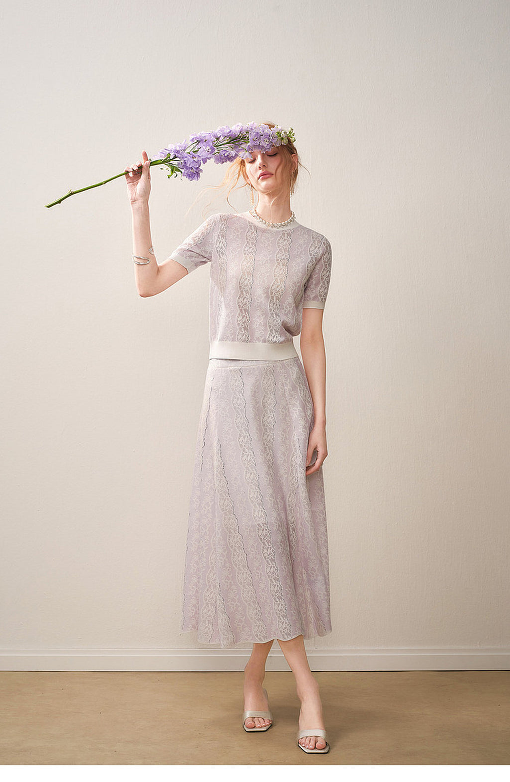 Lilac Violet Crew Neck Knit A-line Midi Dress