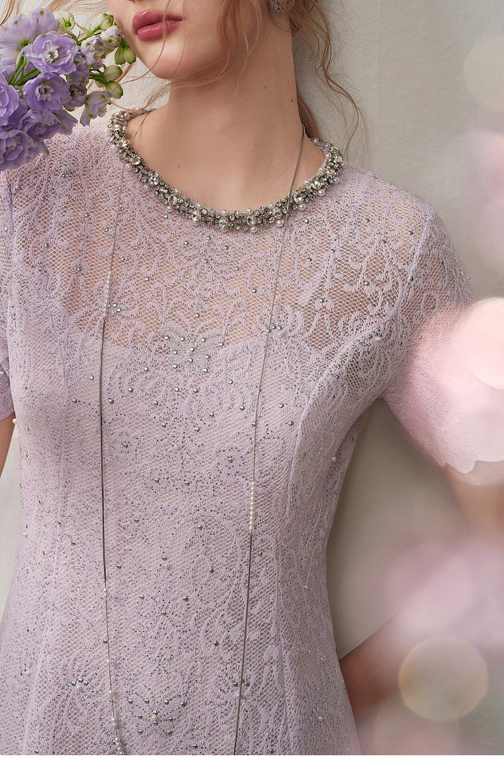 Lilac Beaded Collar Sparkly Lace Midi Dress