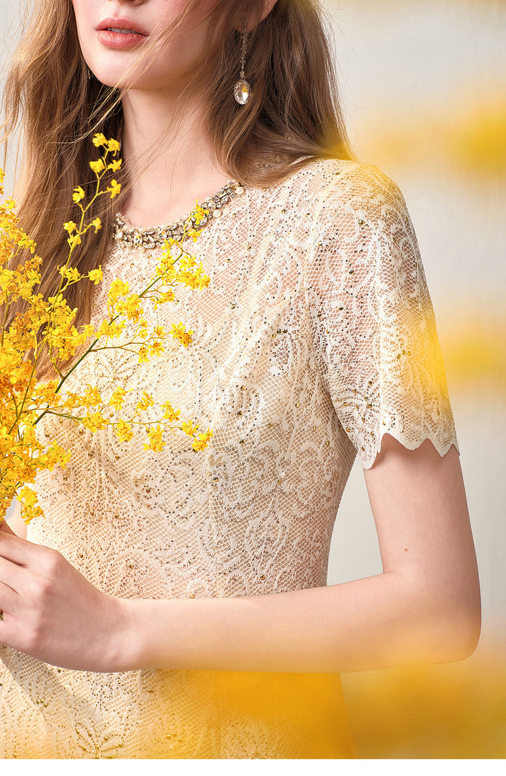 Cream White Beaded-neck Lace Knit Mermaid Midi Dress