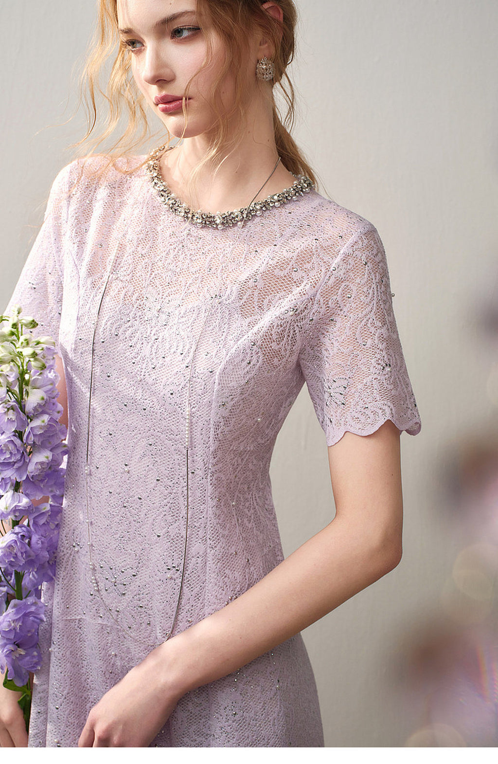 Lilac Beaded Collar Sparkly Lace Midi Dress
