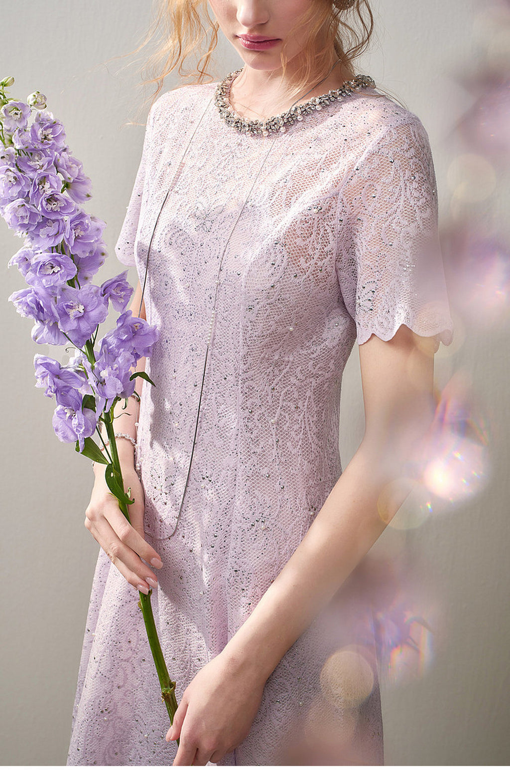 Lilac Beaded Collar Sparkly Lace Midi Dress