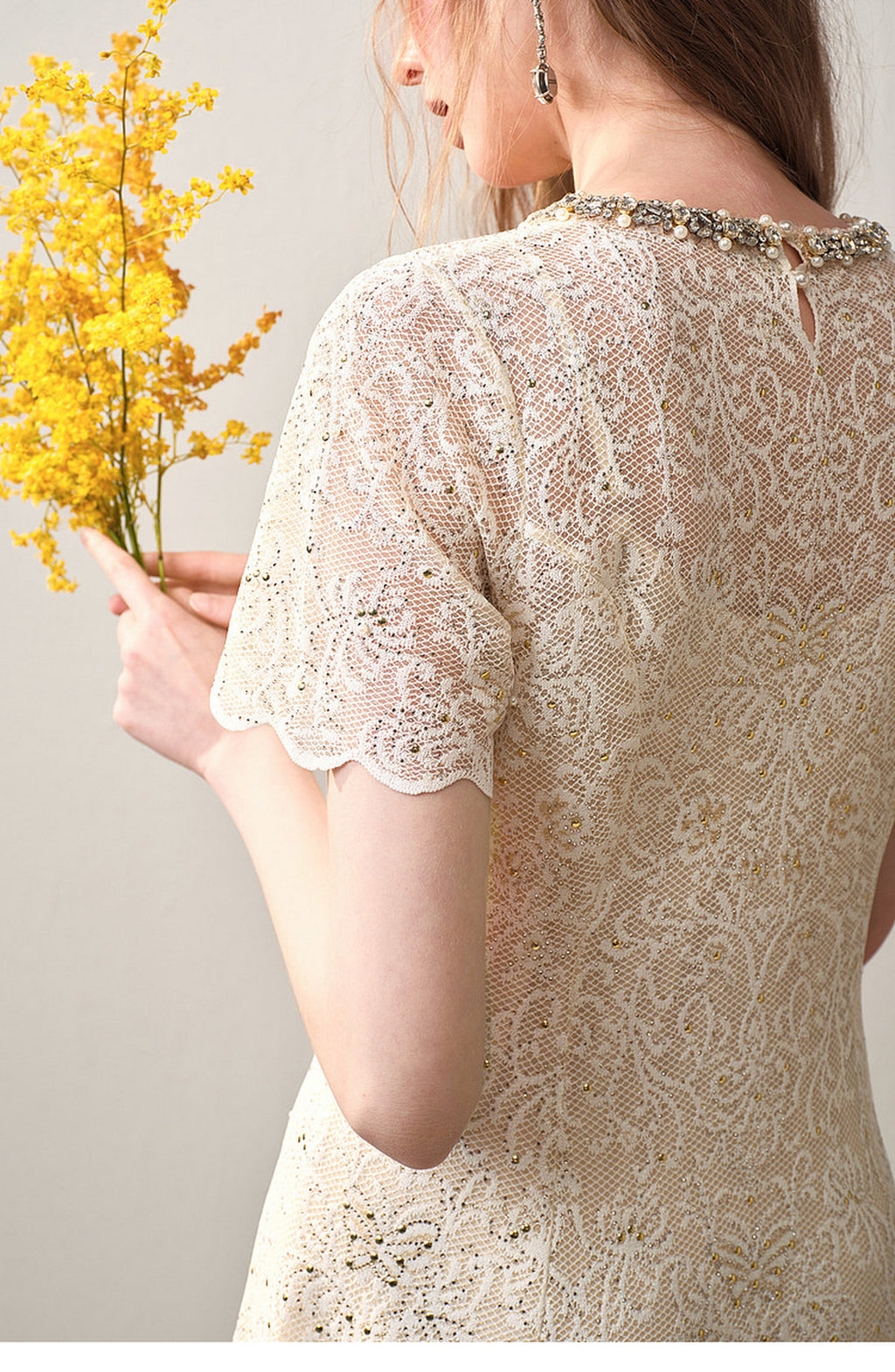 Cream White Beaded-neck Lace Knit Mermaid Midi Dress