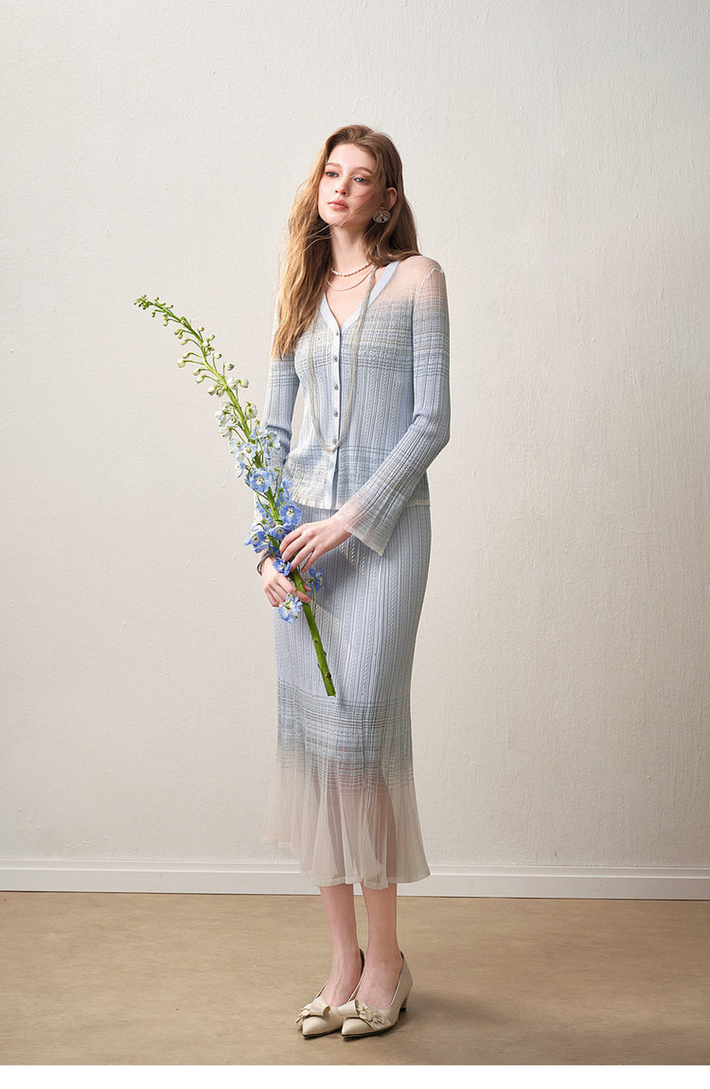 Delphinium Long-sleeve Button-Front Gradient Mesh Knit Mermaid Co-ord