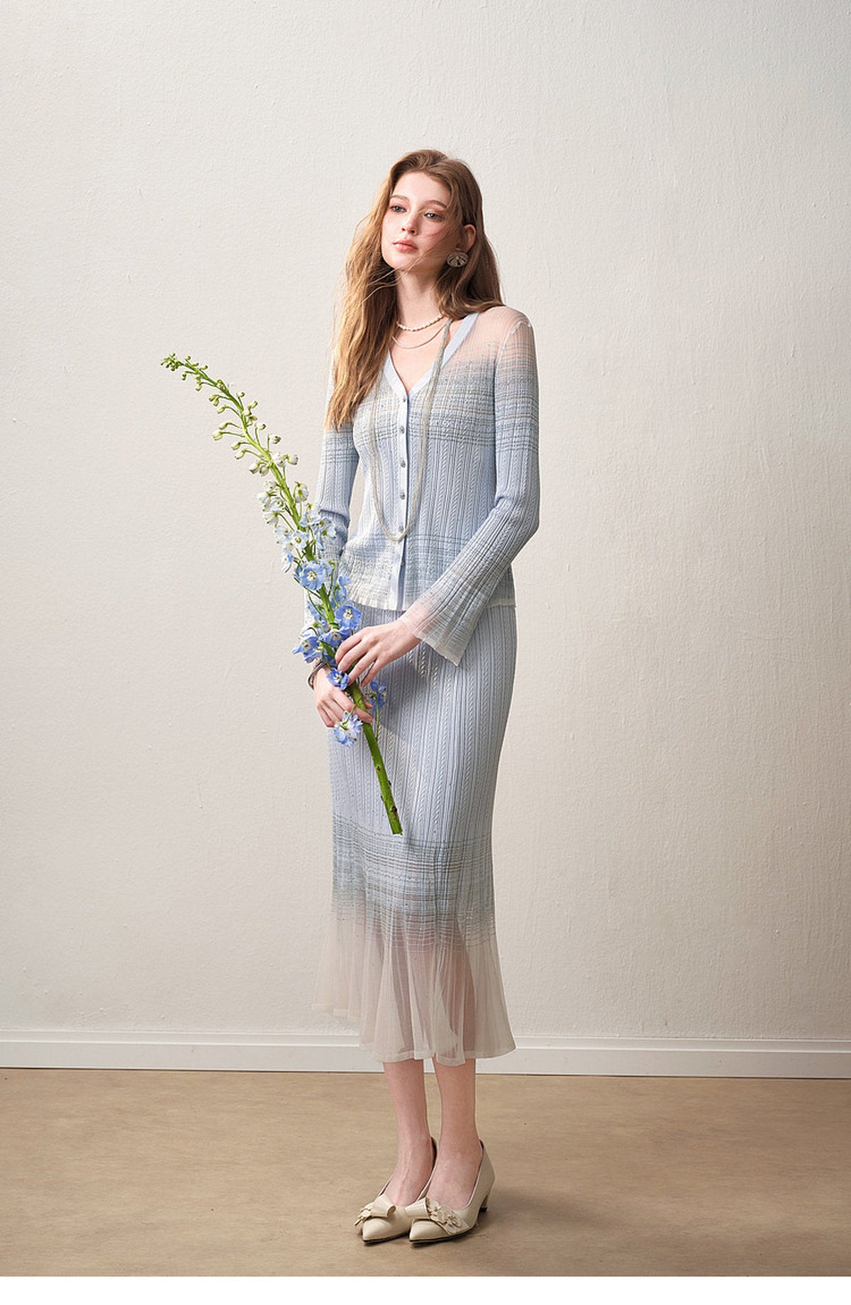 Delphinium Long-sleeve Button-Front Gradient Mesh Knit Mermaid Co-ord