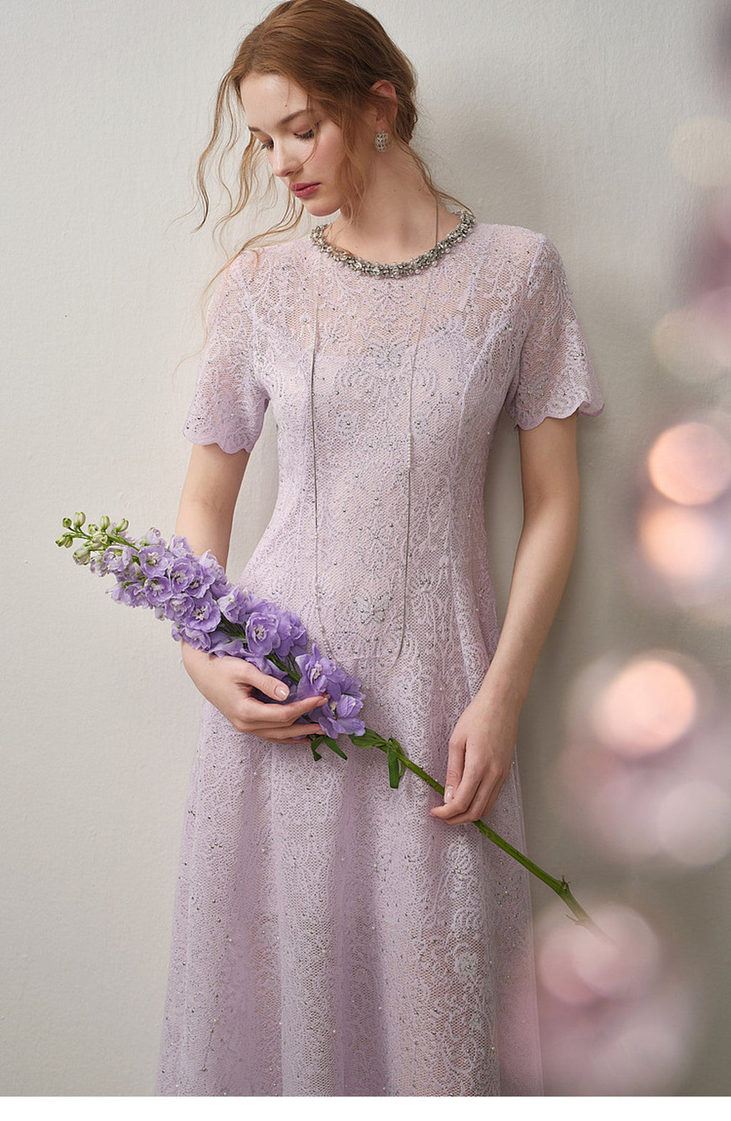 Lilac Beaded Collar Sparkly Lace Midi Dress