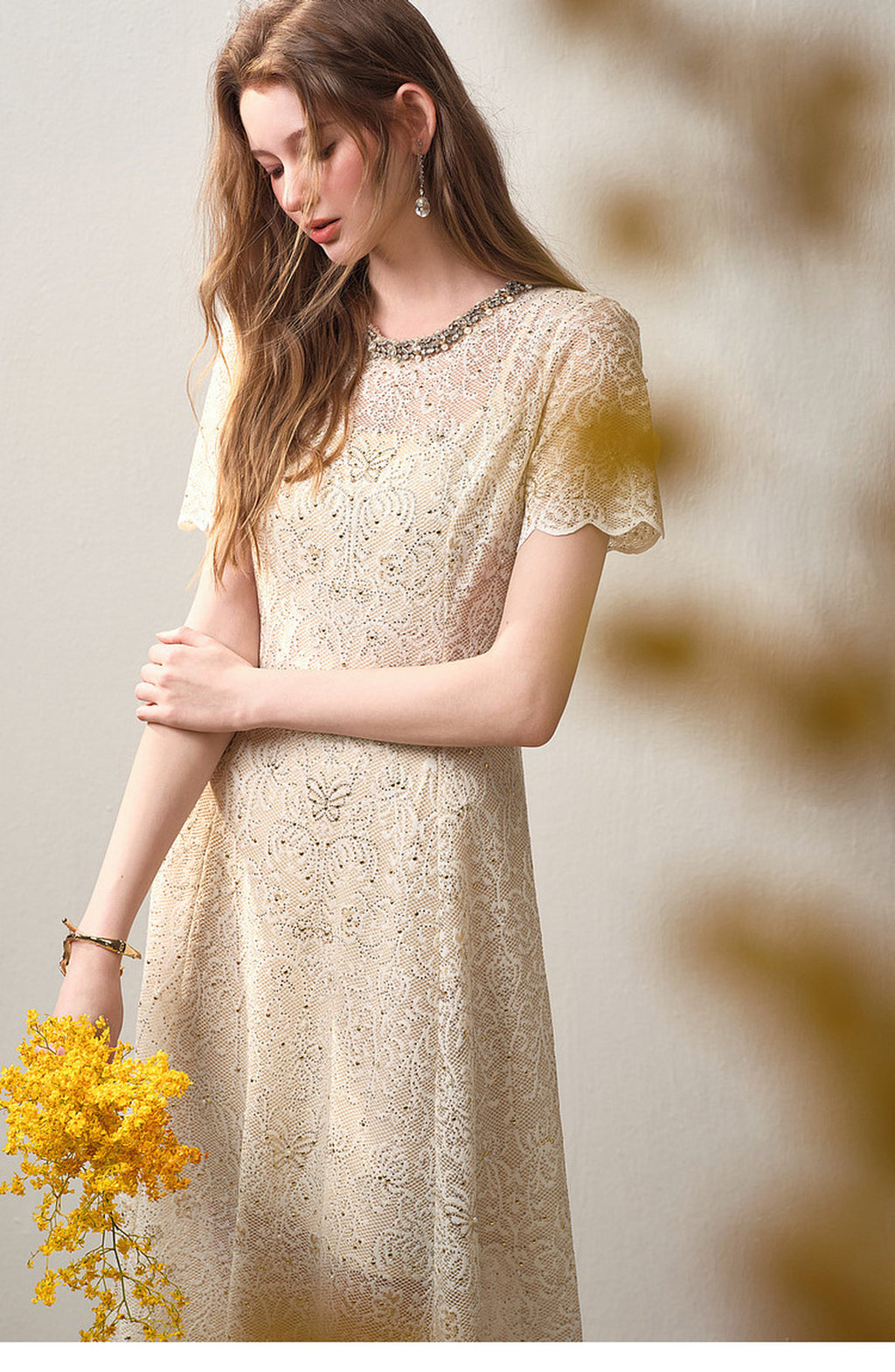 Cream White Beaded-neck Lace Knit Mermaid Midi Dress