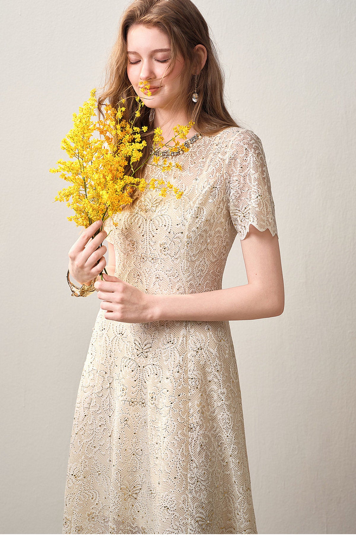 Cream White Beaded-neck Lace Knit Mermaid Midi Dress
