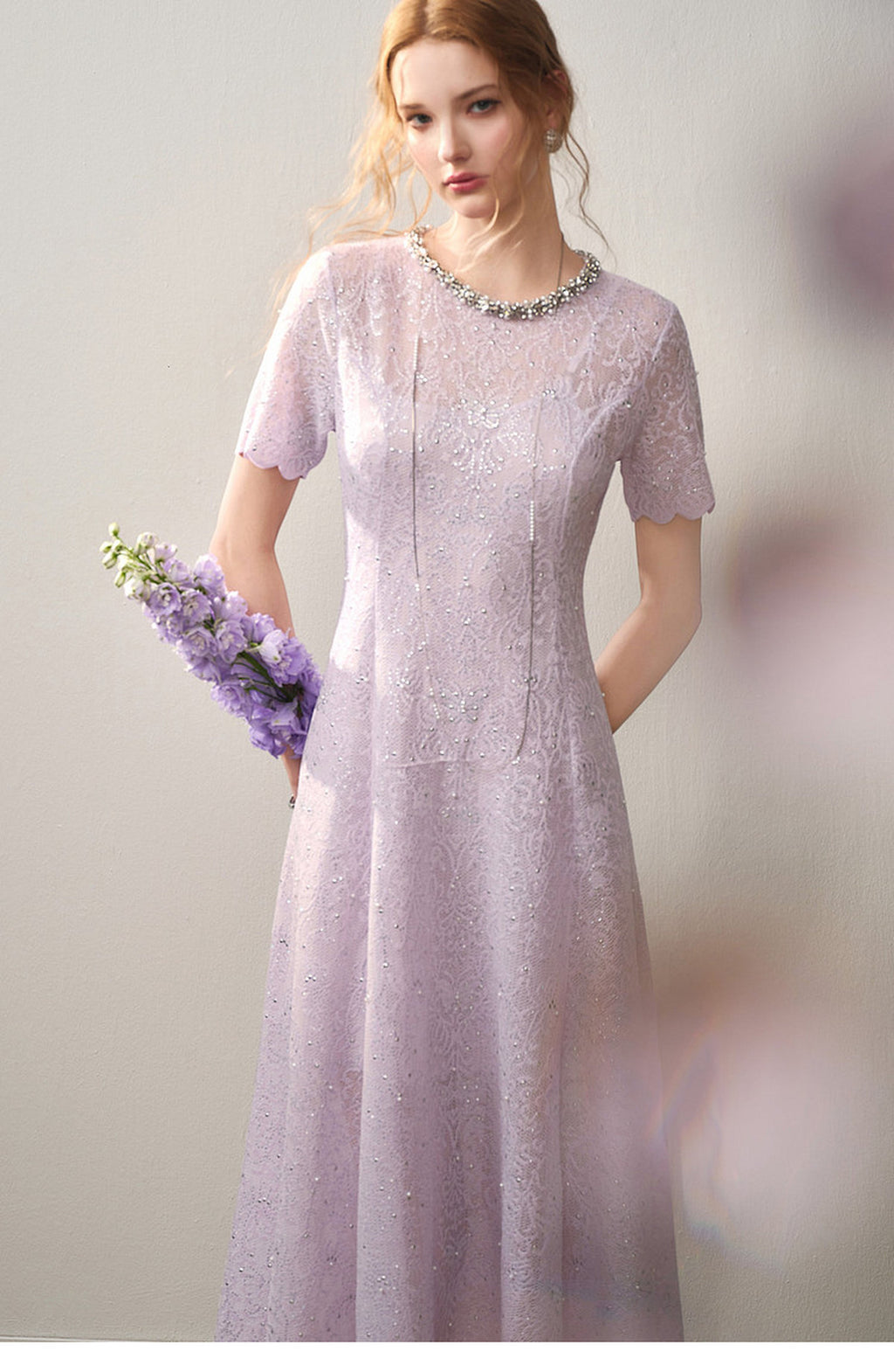 Lilac Beaded Collar Sparkly Lace Midi Dress