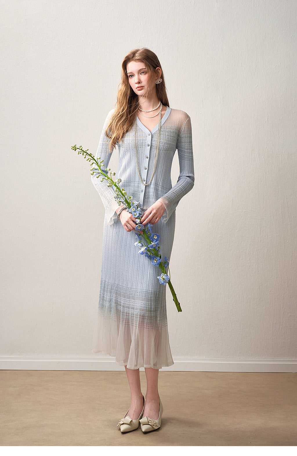 Delphinium Long-sleeve Button-Front Gradient Mesh Knit Mermaid Co-ord