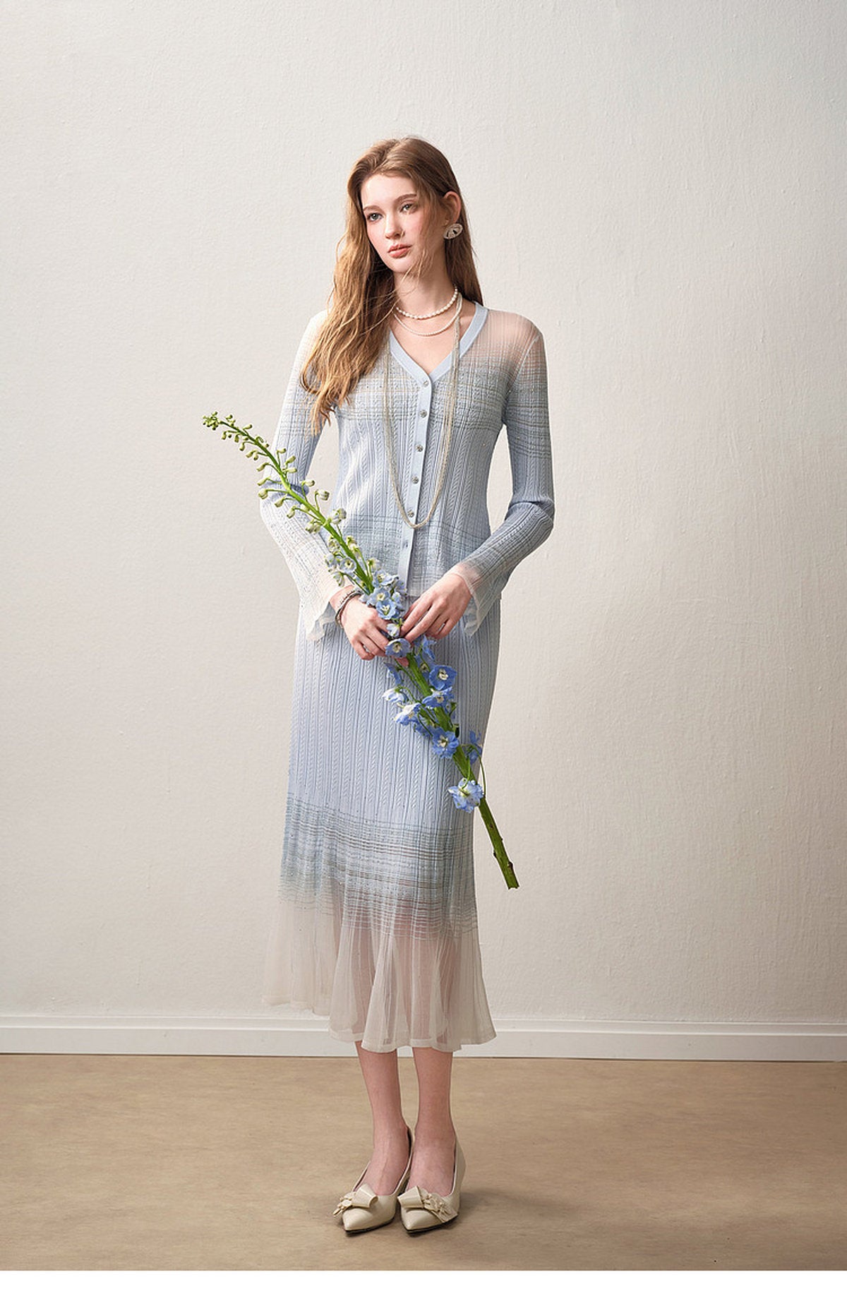 Delphinium Long-sleeve Button-Front Gradient Mesh Knit Mermaid Co-ord