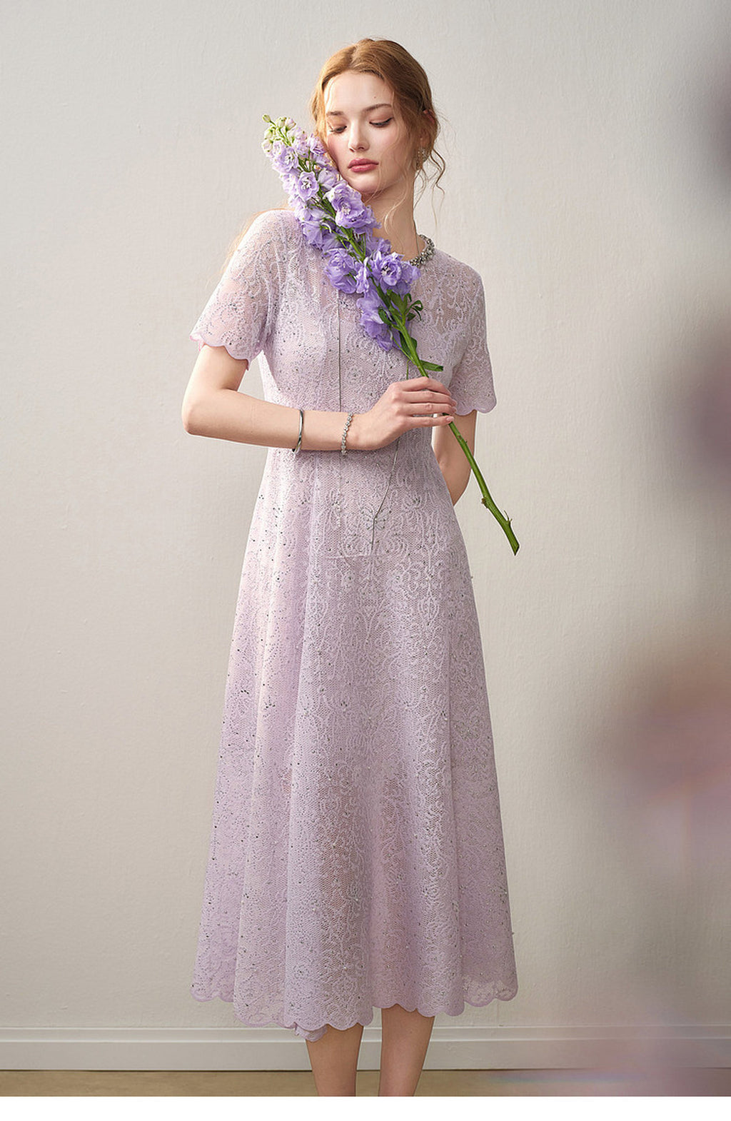 Lilac Beaded Collar Sparkly Lace Midi Dress