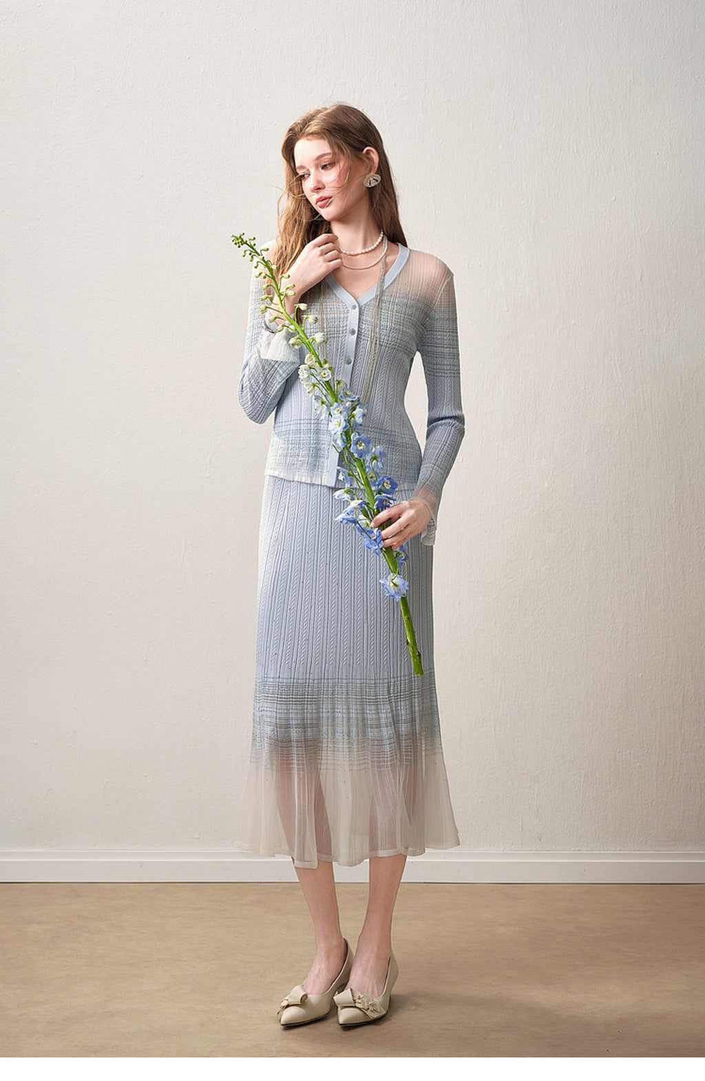 Delphinium Long-sleeve Button-Front Gradient Mesh Knit Mermaid Co-ord