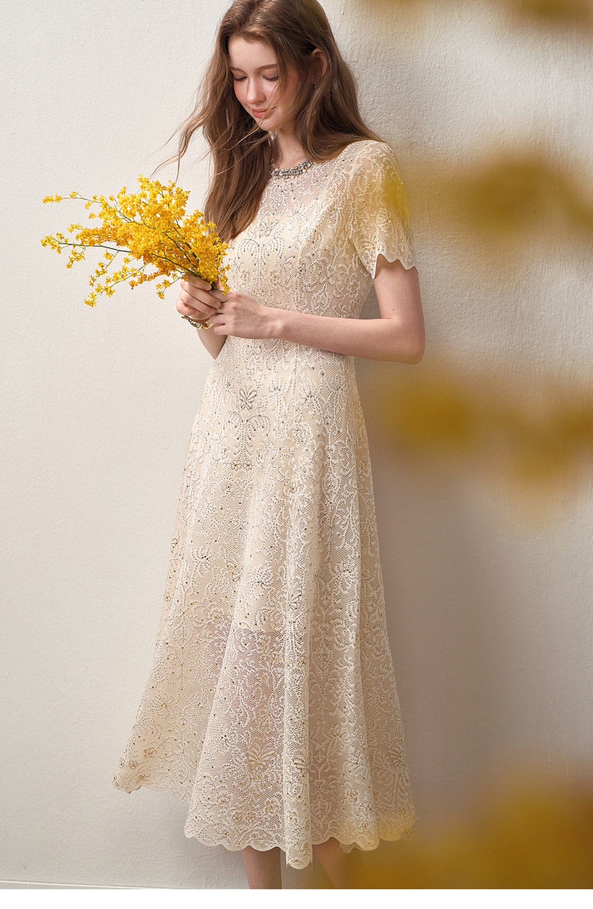 Cream White Beaded-neck Lace Knit Mermaid Midi Dress