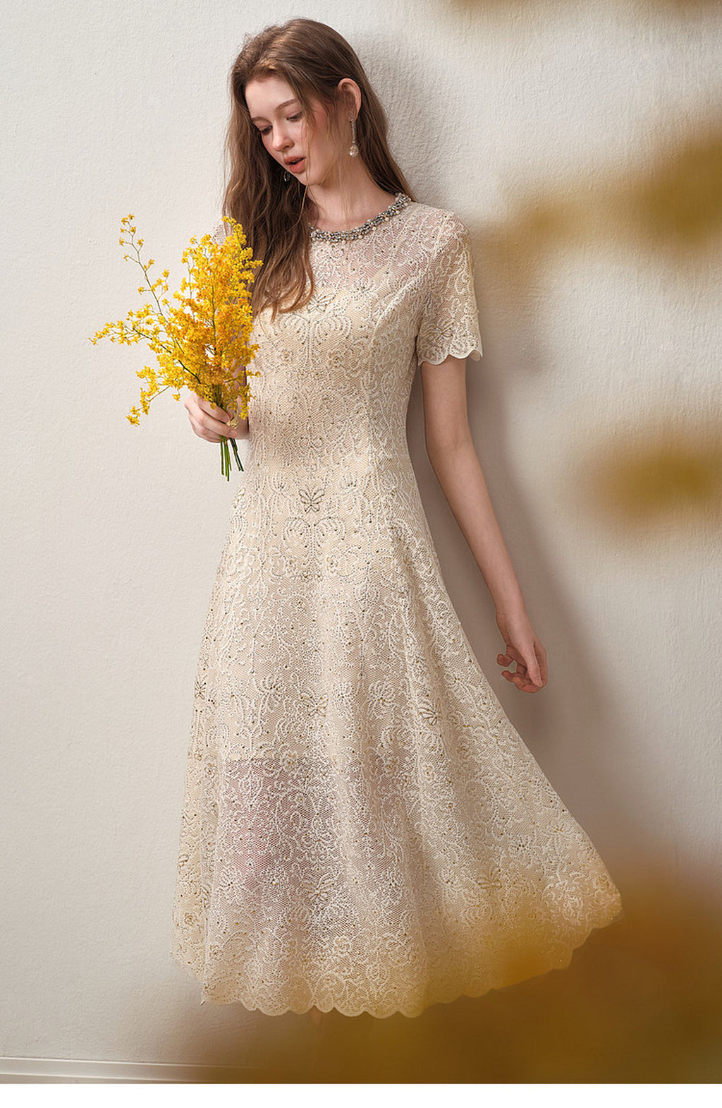 Cream White Beaded-neck Lace Knit Mermaid Midi Dress