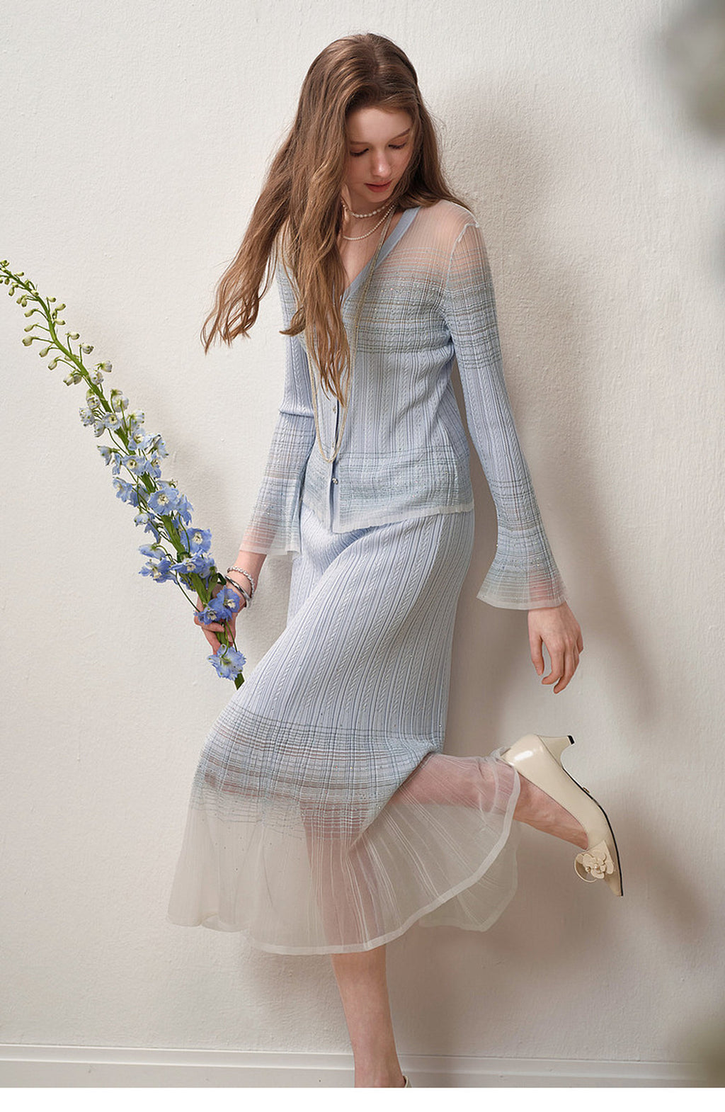 Delphinium Long-sleeve Button-Front Gradient Mesh Knit Mermaid Co-ord
