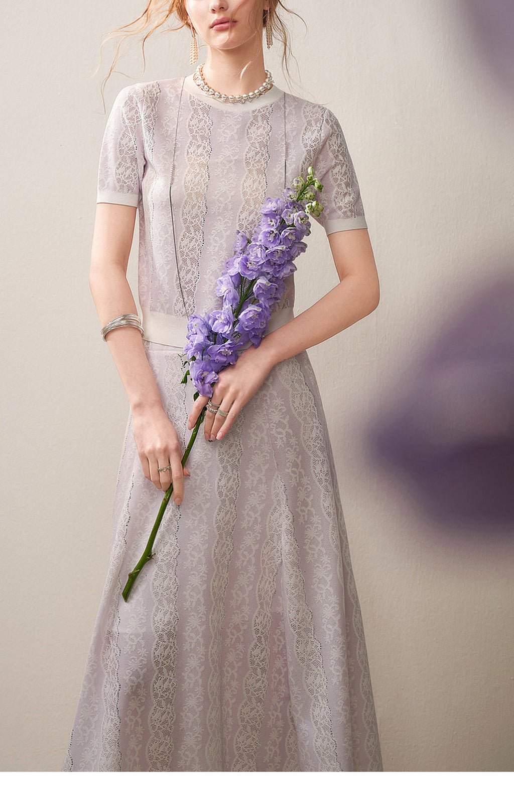 Lilac Violet Crew Neck Knit A-line Midi Dress