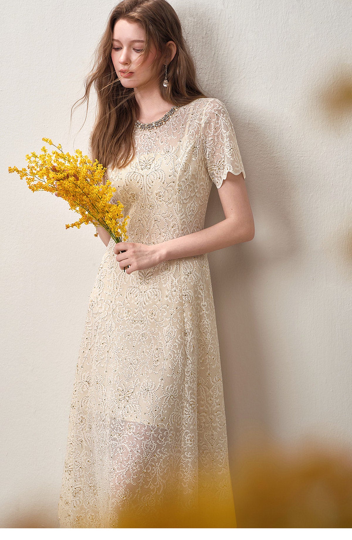 Cream White Beaded-neck Lace Knit Mermaid Midi Dress