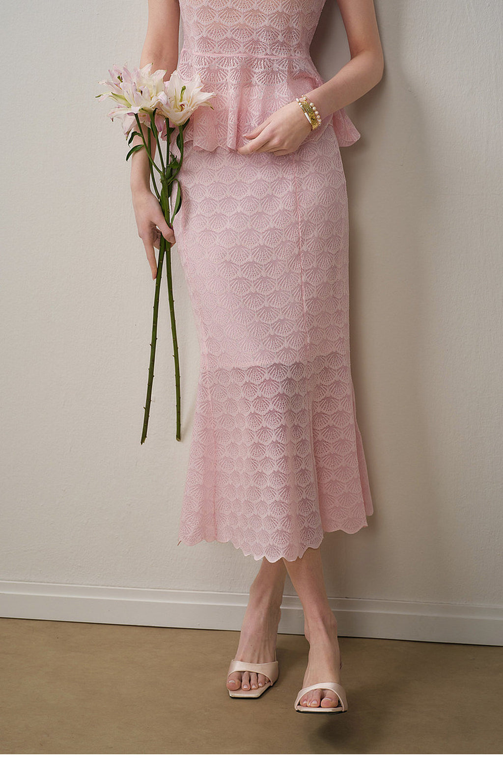 Blush Shell Lace Peplum Mermaid Co-ord