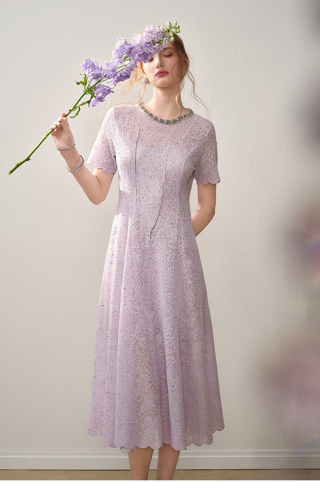 Lilac Beaded Collar Sparkly Lace Midi Dress