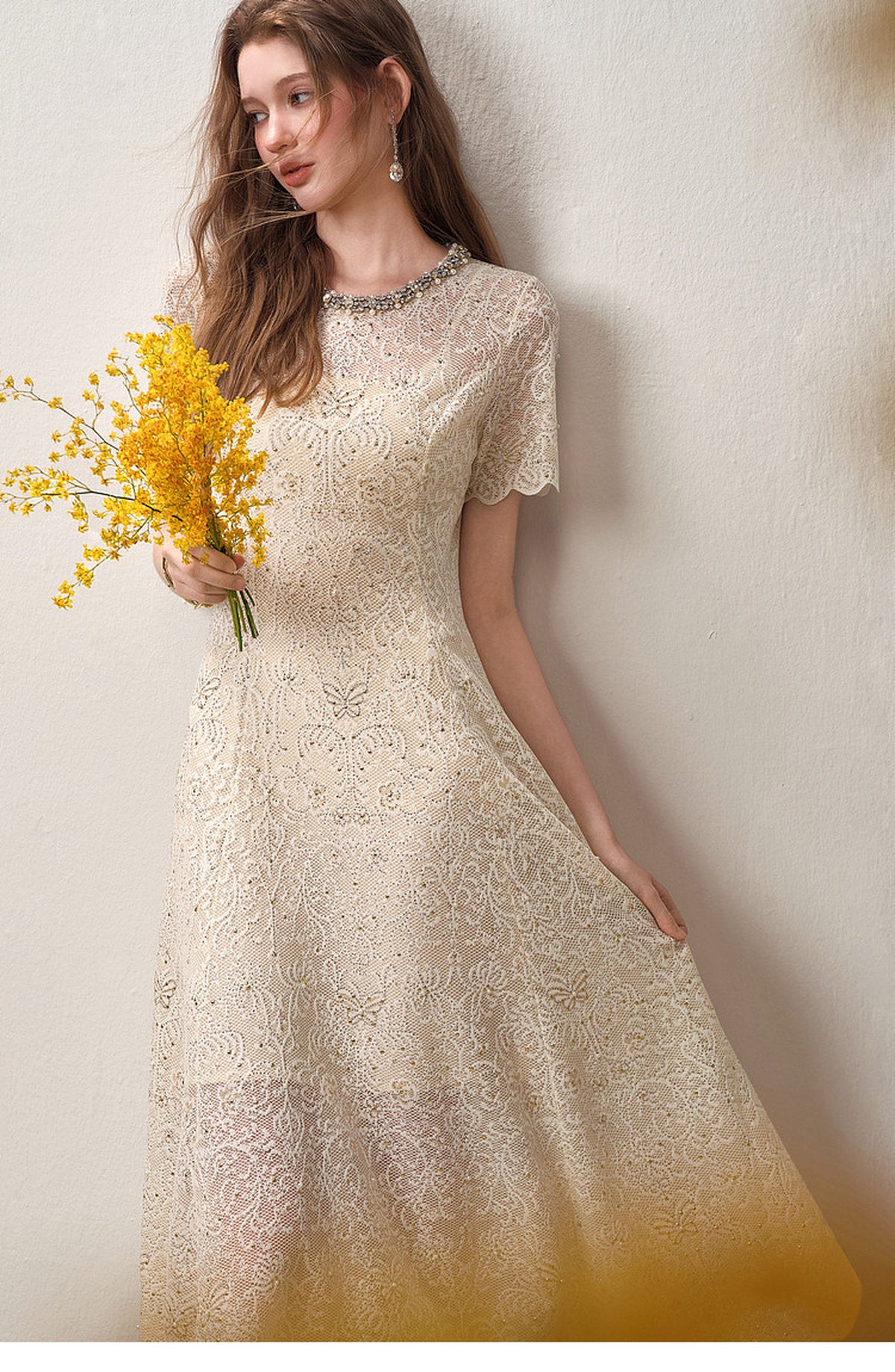 Cream White Beaded-neck Lace Knit Mermaid Midi Dress