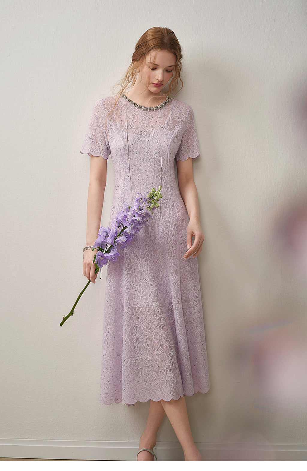Lilac Beaded Collar Sparkly Lace Midi Dress