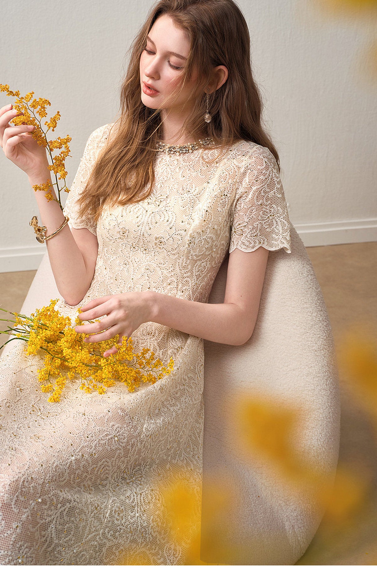 Cream White Beaded-neck Lace Knit Mermaid Midi Dress