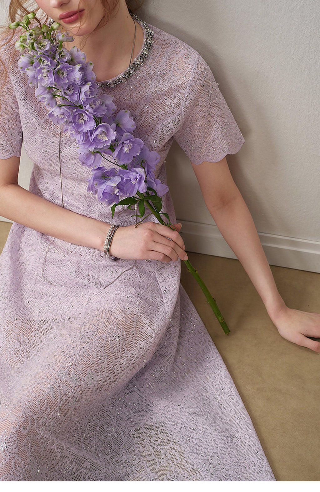 Lilac Beaded Collar Sparkly Lace Midi Dress