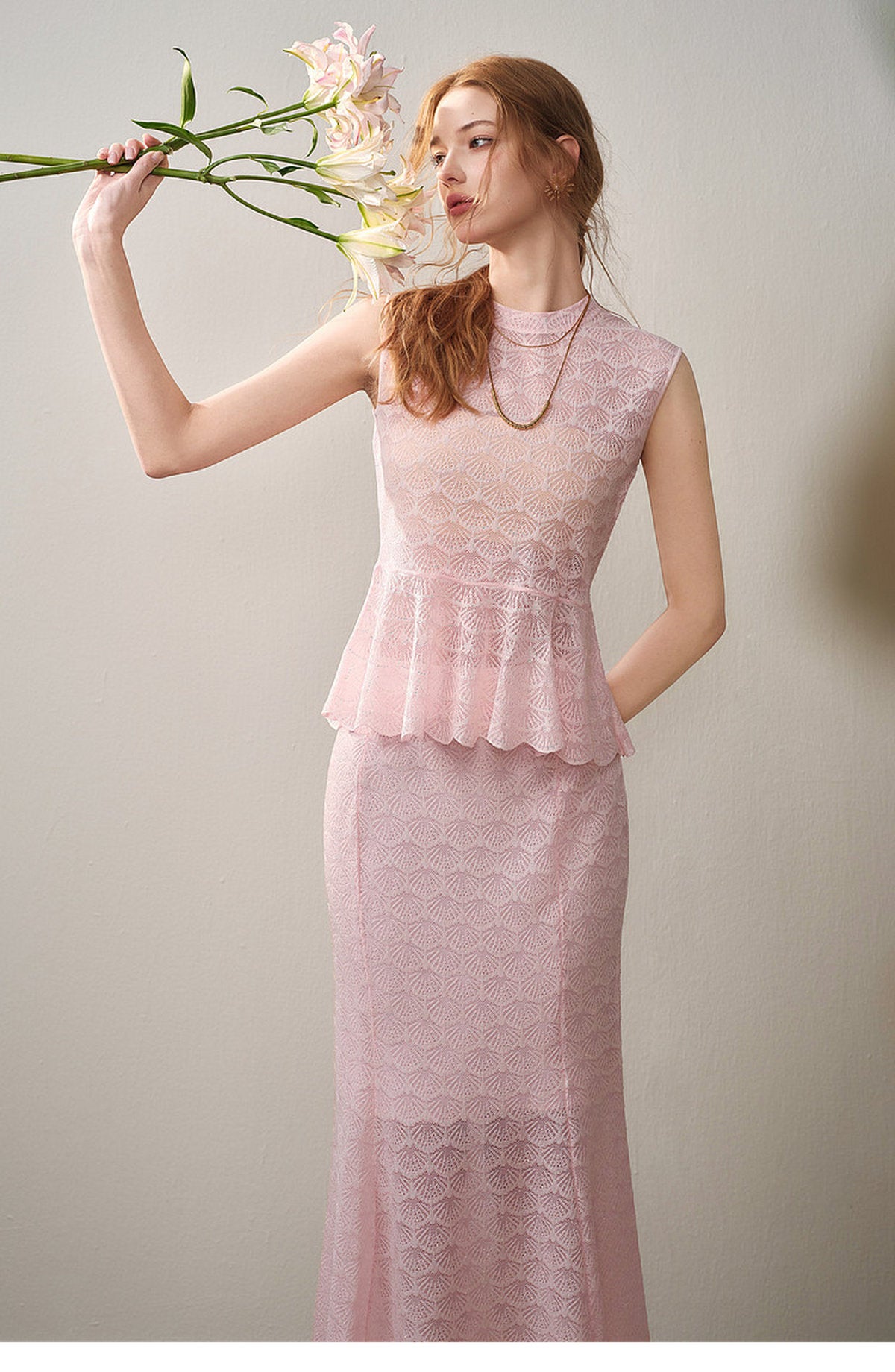 Blush Shell Lace Peplum Mermaid Co-ord