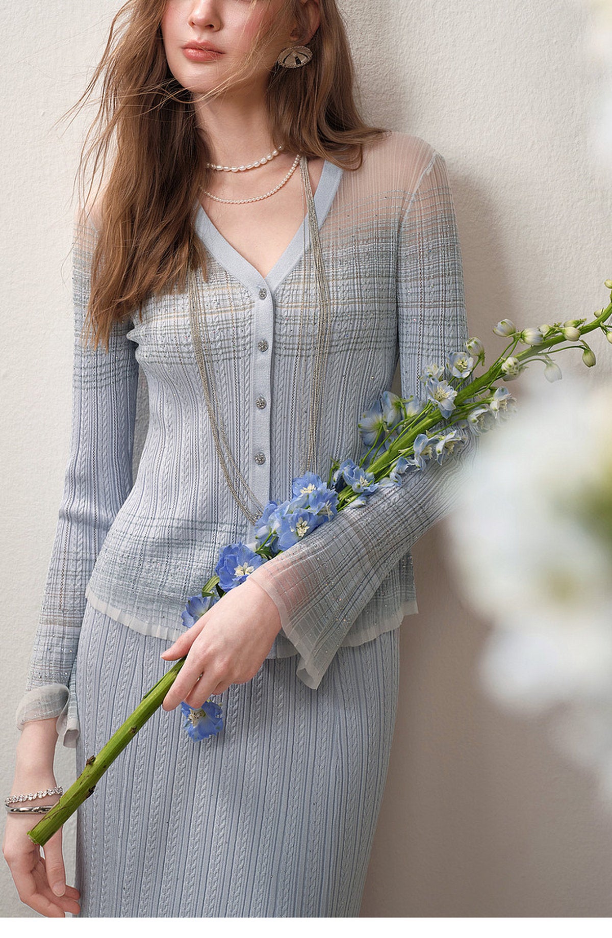 Delphinium Long-sleeve Button-Front Gradient Mesh Knit Mermaid Co-ord
