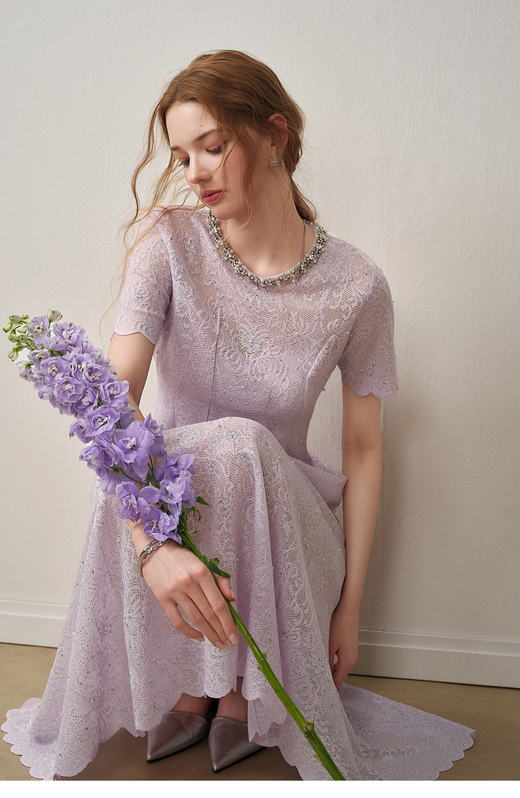 Lilac Beaded Collar Sparkly Lace Midi Dress