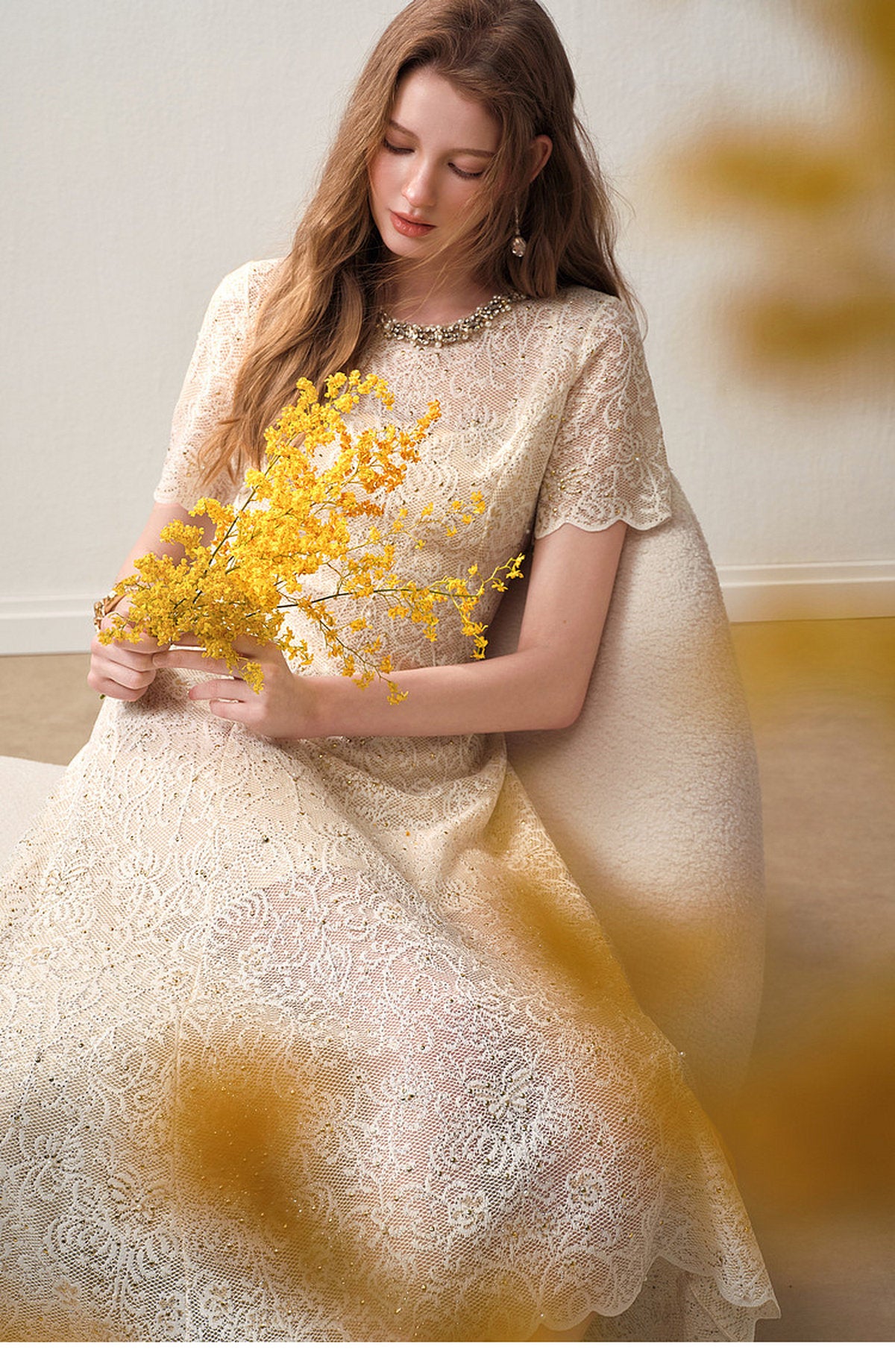 Cream White Beaded-neck Lace Knit Mermaid Midi Dress