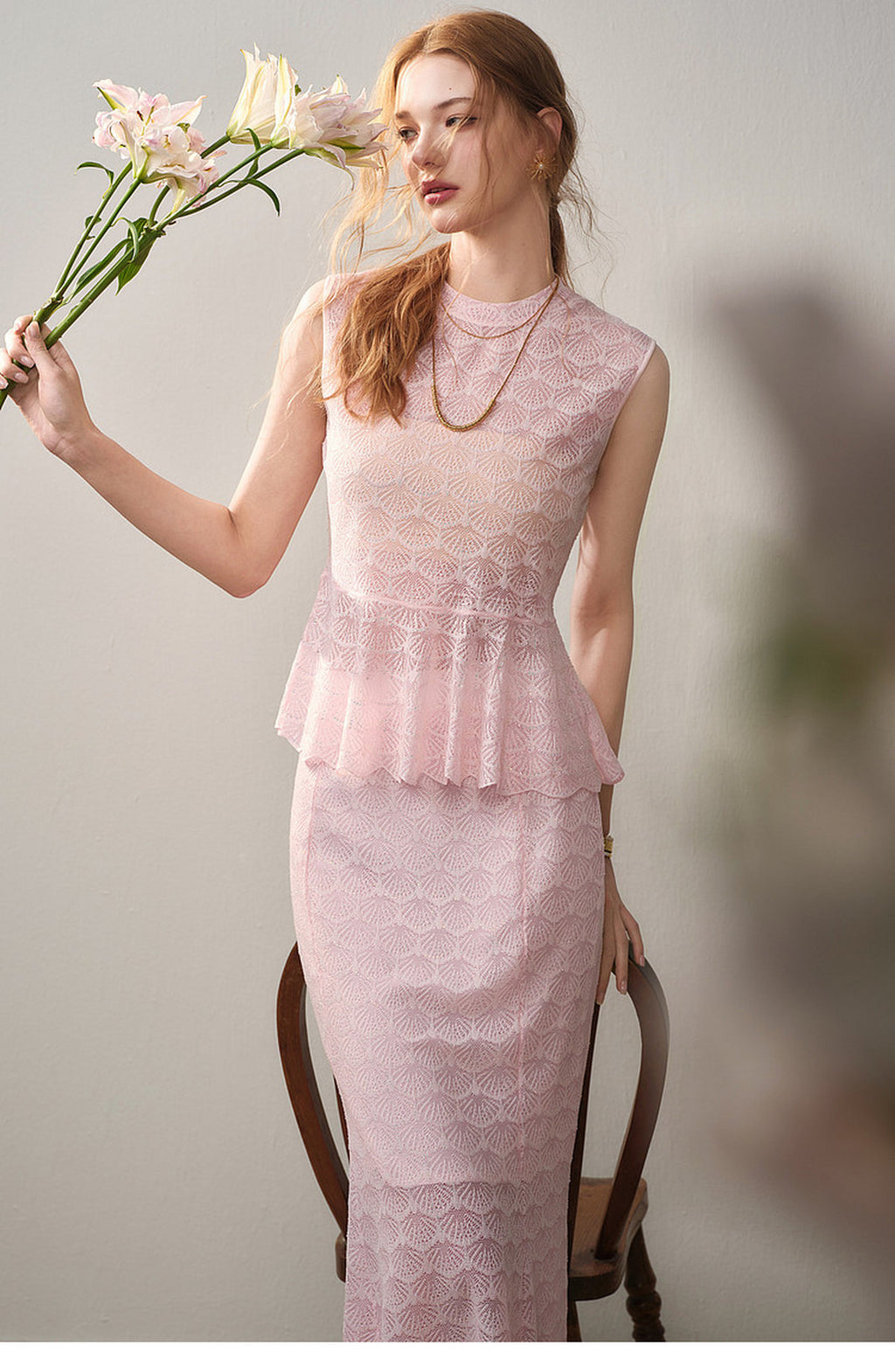 Blush Shell Lace Peplum Mermaid Co-ord