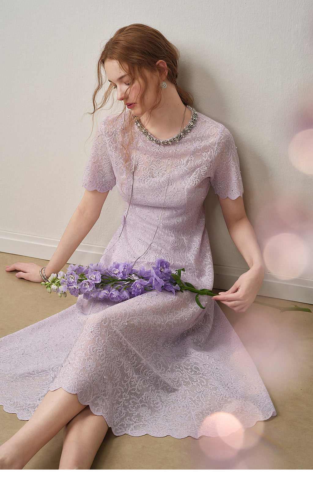Lilac Beaded Collar Sparkly Lace Midi Dress