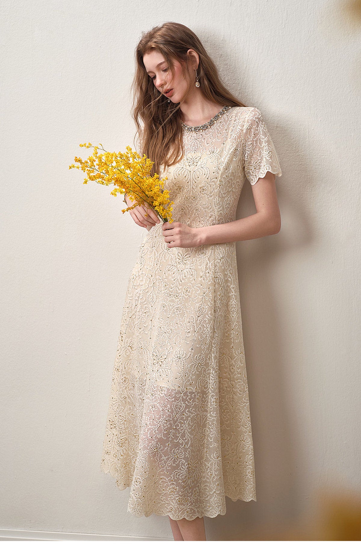 Cream White Beaded-neck Lace Knit Mermaid Midi Dress