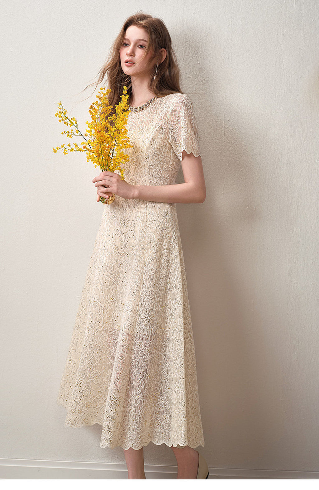 Cream White Beaded-neck Lace Knit Mermaid Midi Dress