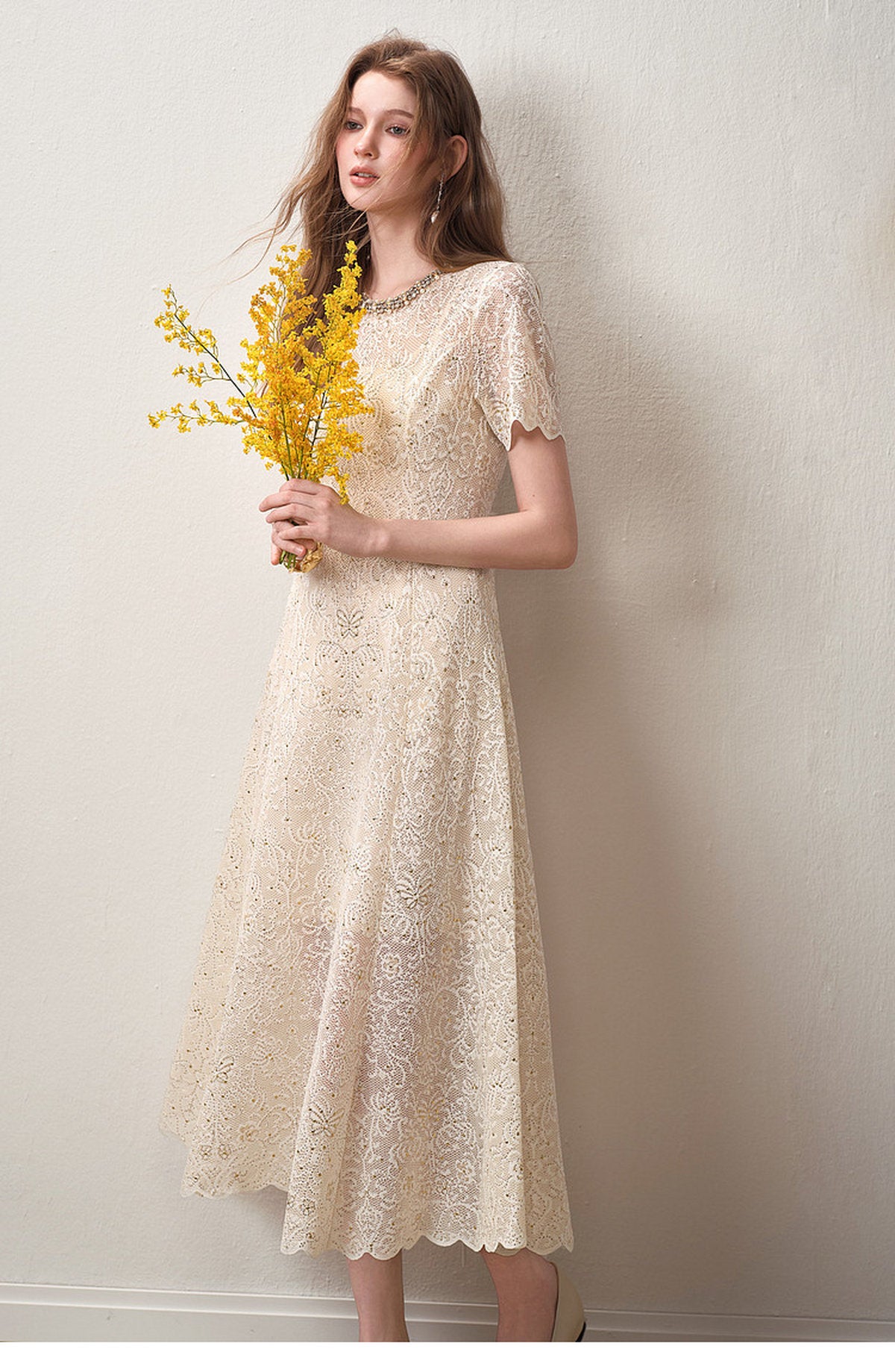 Cream White Beaded-neck Lace Knit Mermaid Midi Dress