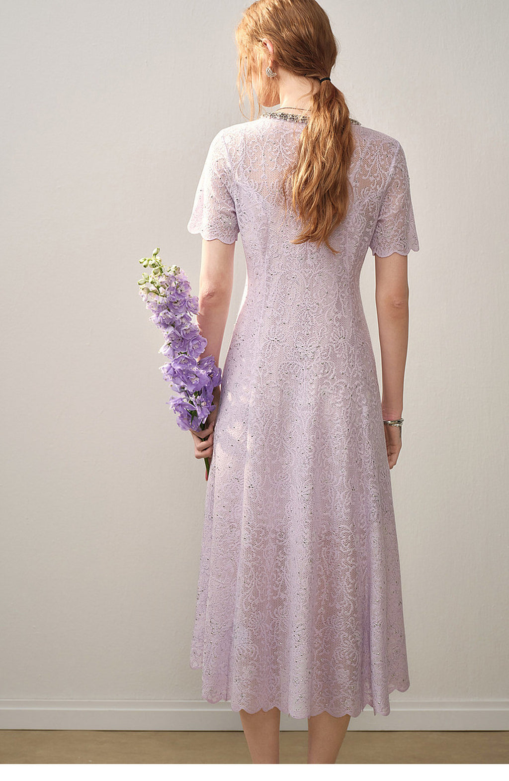 Lilac Beaded Collar Sparkly Lace Midi Dress
