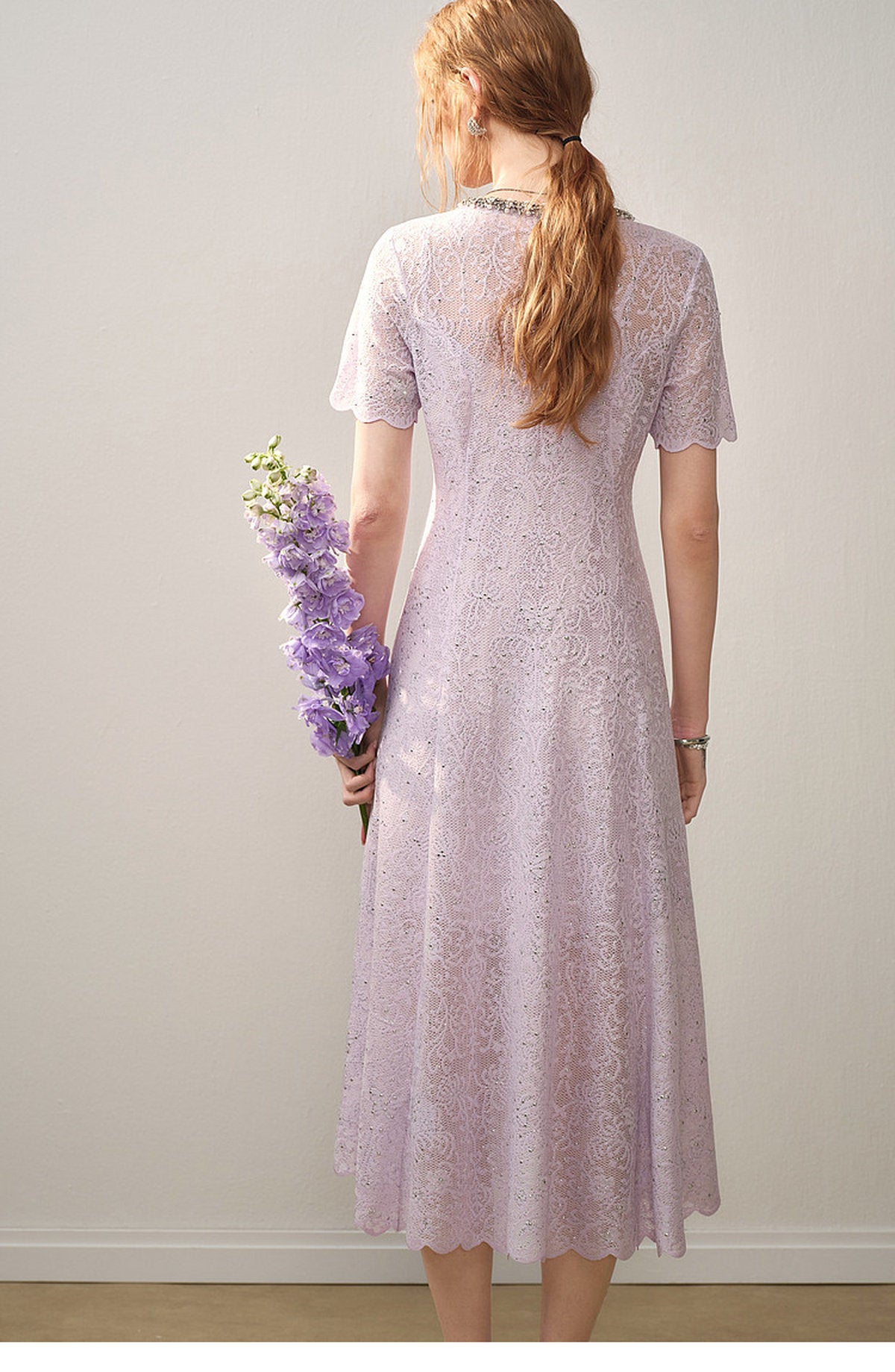 Lilac Beaded Collar Sparkly Lace Midi Dress