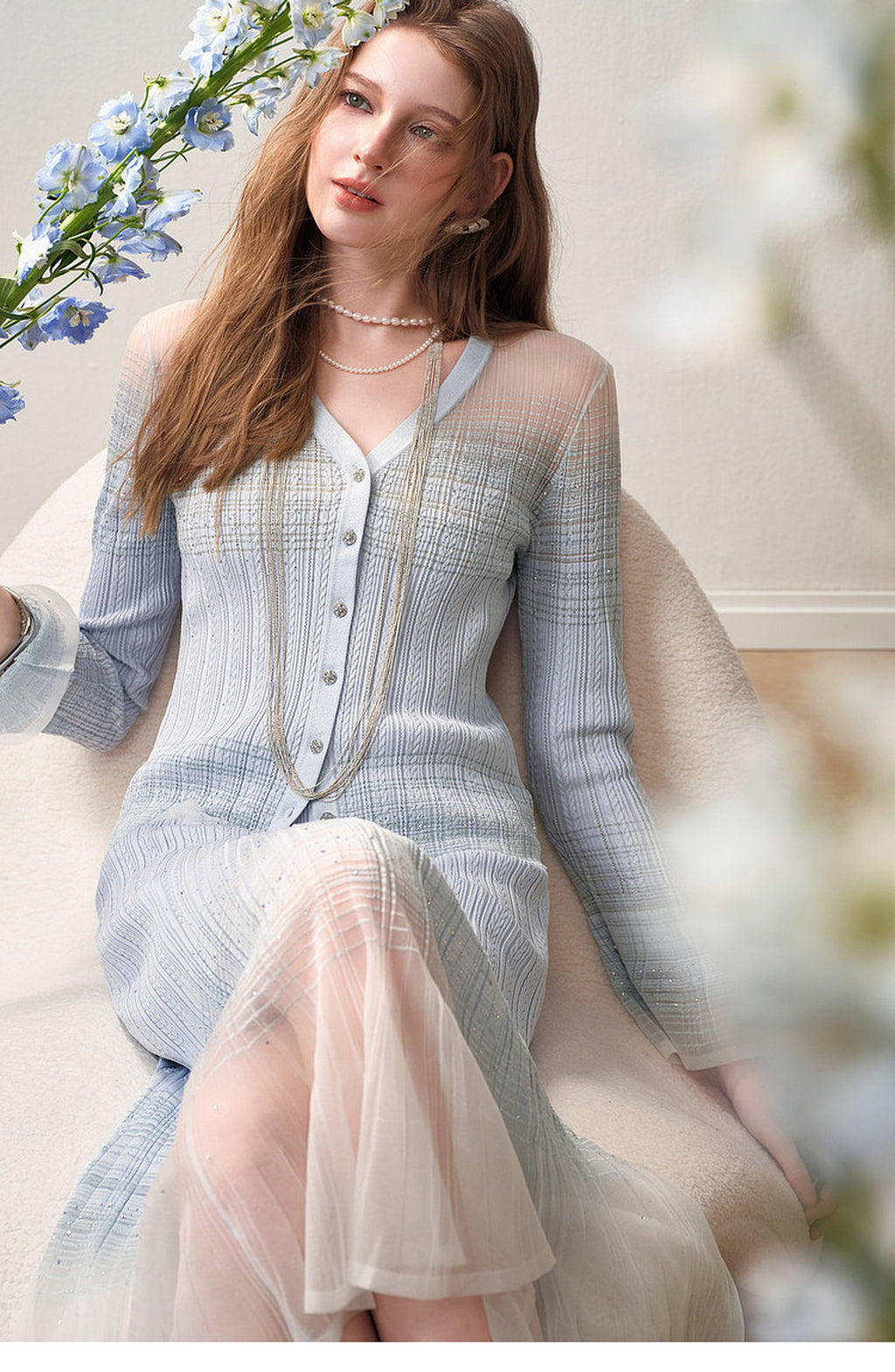 Delphinium Long-sleeve Button-Front Gradient Mesh Knit Mermaid Co-ord