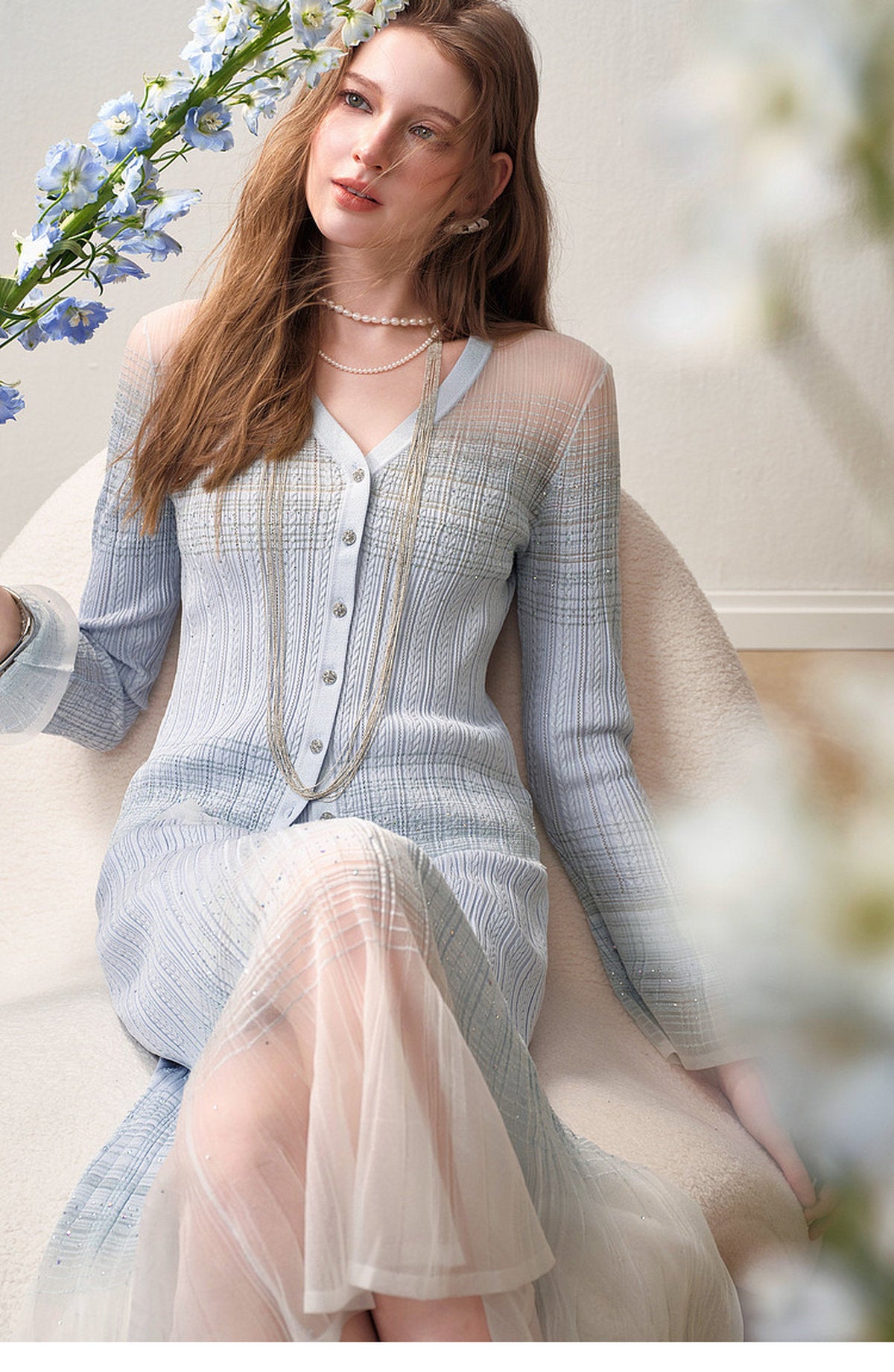 Delphinium Long-sleeve Button-Front Gradient Mesh Knit Mermaid Co-ord