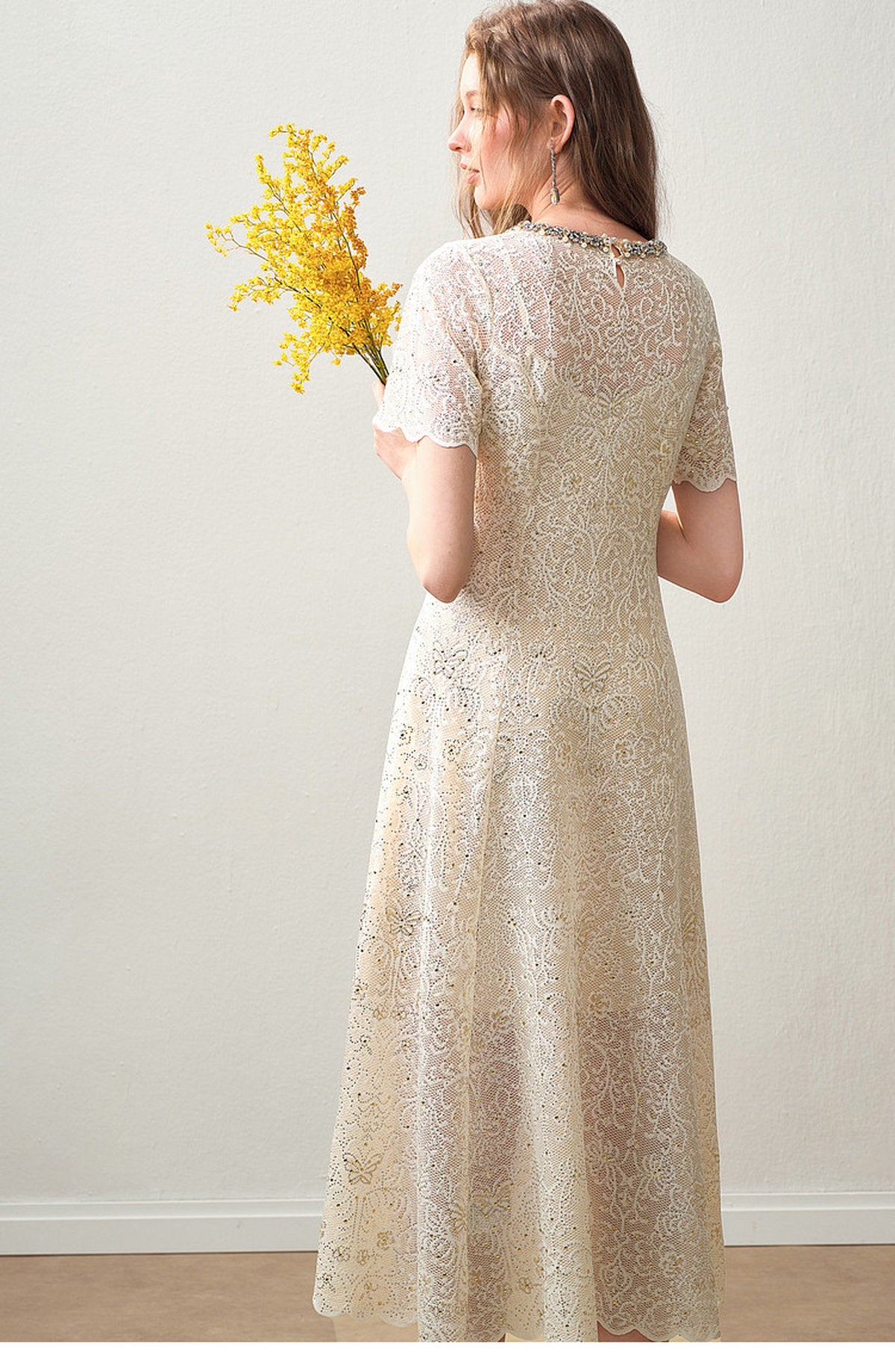 Cream White Beaded-neck Lace Knit Mermaid Midi Dress