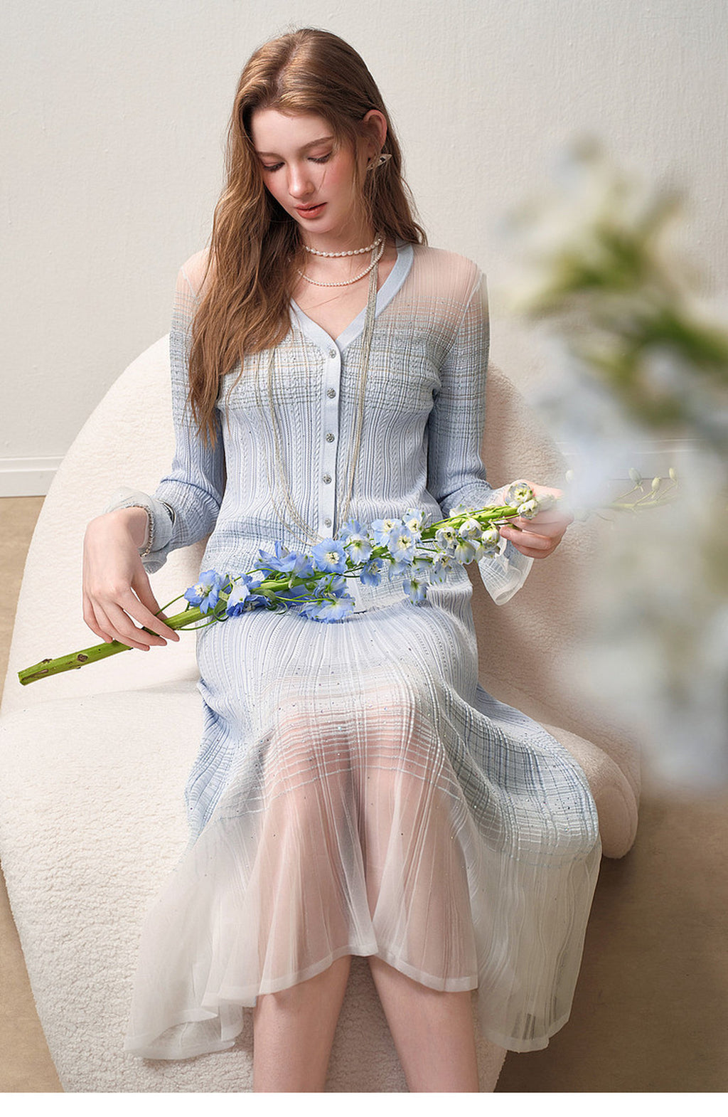 Delphinium Long-sleeve Button-Front Gradient Mesh Knit Mermaid Co-ord
