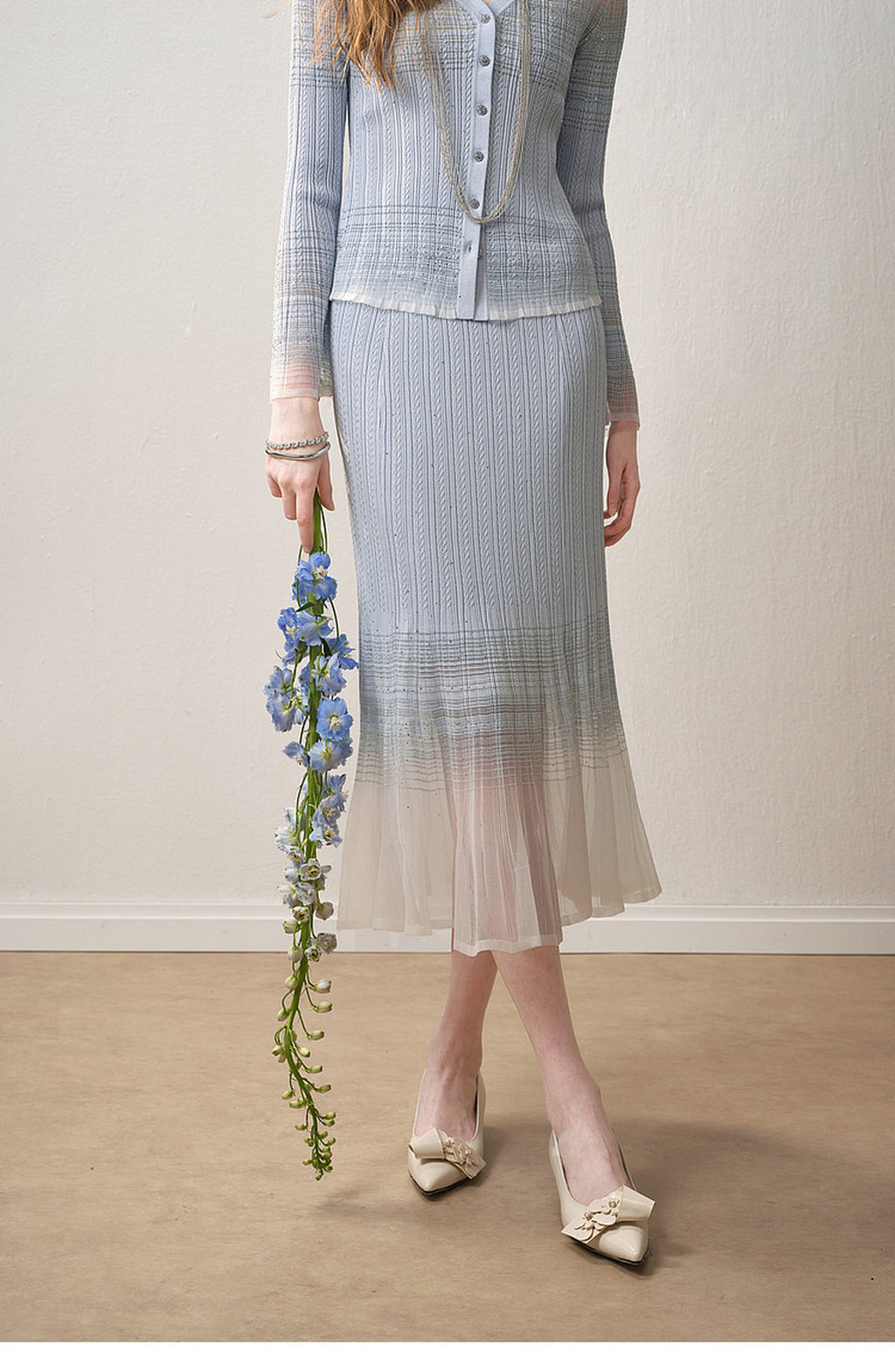 Delphinium Long-sleeve Button-Front Gradient Mesh Knit Mermaid Co-ord