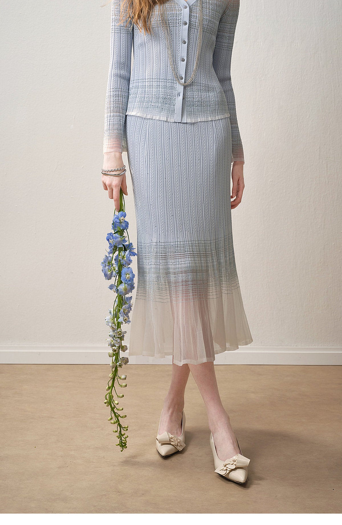 Delphinium Long-sleeve Button-Front Gradient Mesh Knit Mermaid Co-ord