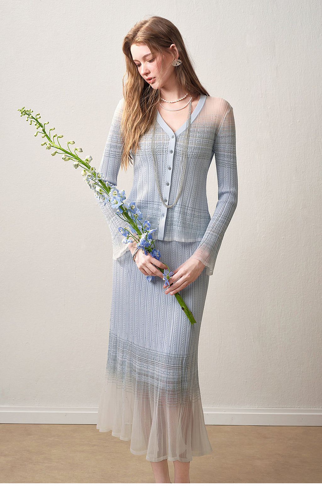 Delphinium Long-sleeve Button-Front Gradient Mesh Knit Mermaid Co-ord