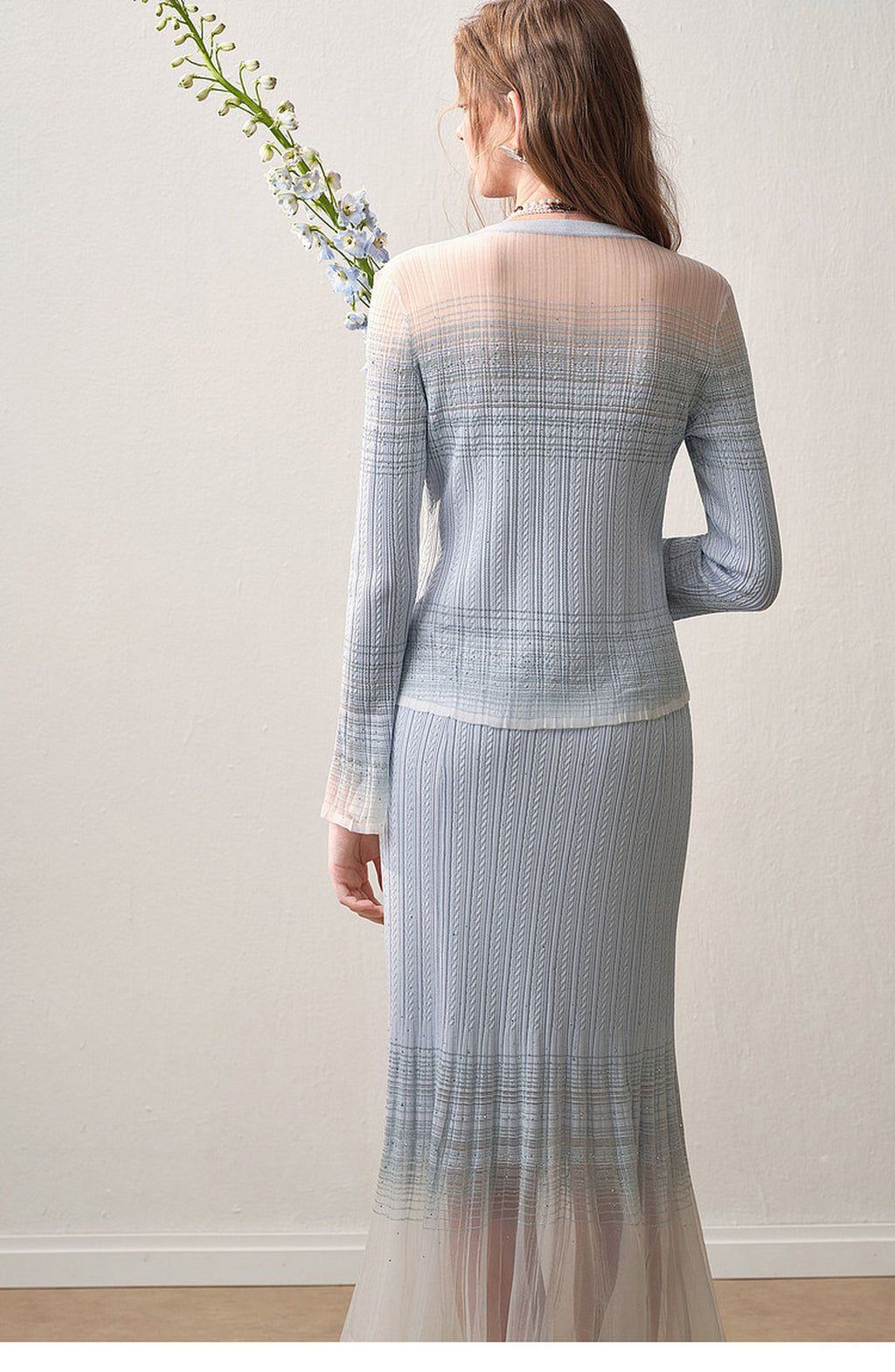 Delphinium Long-sleeve Button-Front Gradient Mesh Knit Mermaid Co-ord